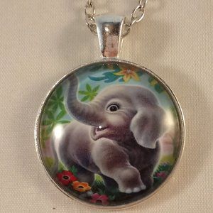 Silver Elephant Cabochon Pendant Chain Necklace Gift